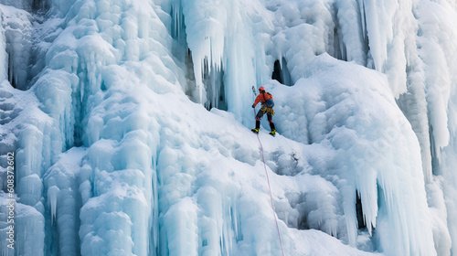 Mountaineer climbing steep ice wall - Generative AI