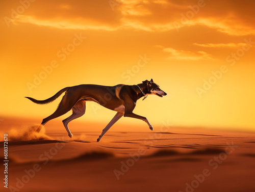 Illustration of wind hound running in desert at sunset - Generative AI