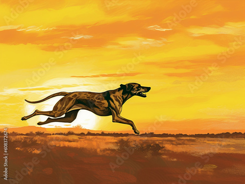 Illustration of wind hound running in desert at sunset - Generative AI © Luca