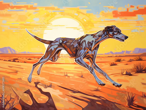 Illustration of wind hound running in desert at sunset - Generative AI