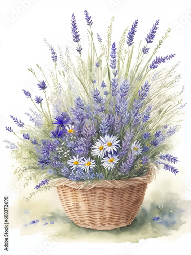  Field flowers (cornflowers, chamomile, lavender) in a wicker basket. Watercolor