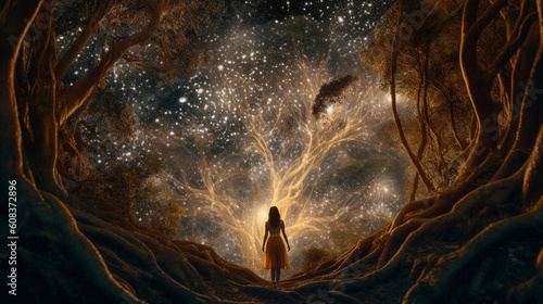 Surreal illustration of woman opening a portal in the forest - generative AI