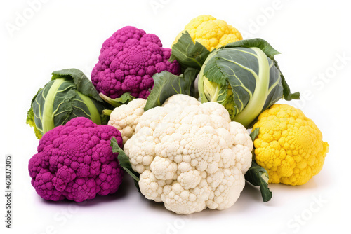A collection of different types of cauliflowers (brassica oleracea) displayed on a white background, in the cheddar, white and purple variety, along with two cabbages. Healthy vegetables 