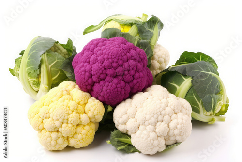 Assortment of different varieties of brassica oleracea vegetables isolated on white: a purple, orange (or cheddar) and two white cauliflowers and two cabbages. Healthy diet ingredients, organic food. 