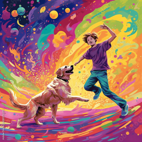 Illustration of young boy playing with his dog in colorful landscape - Generative AI