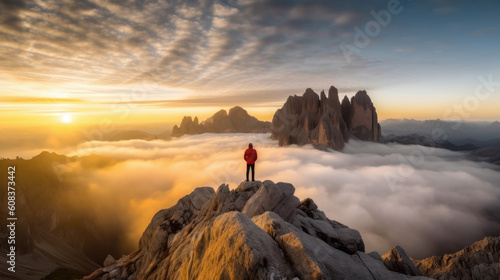 Alpine Majesty. A person standing on top of a mountain at sunrise with sun flare. Captivating beauty of the Swiss, French, and Italian Alps. Adventure and breathtaking views concept. AI Generative photo