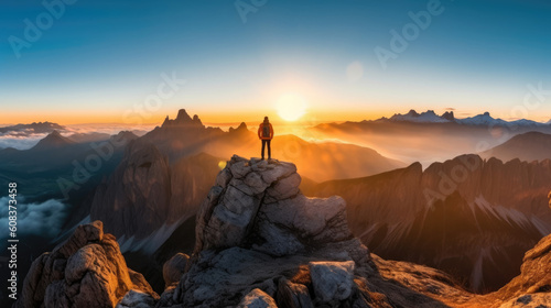 Alpine Majesty. A person standing on top of a mountain at sunrise with sun flare. Captivating beauty of the Swiss, French, and Italian Alps. Adventure and breathtaking views concept. AI Generative
