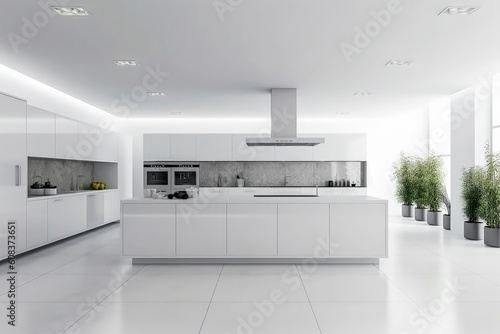 Generative AI illustration of a large kitchen with minimalist decoration and furniture in white
