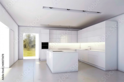 Generative AI illustration of a large kitchen with minimalist decoration and furniture in white