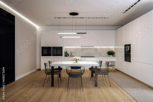 Generative AI illustration of a large kitchen with minimalist decoration and furniture in white