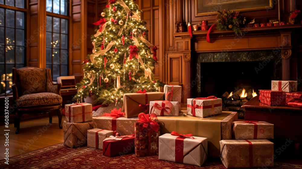 Christmas gifts, happy holidays and holiday celebration, wrapped gift boxes, presents and decorated Christmas tree, generative ai Christmas gifts, happy holidays and holiday celebration, wrapped gift boxes, presents and decorated Christmas tree, generative ai