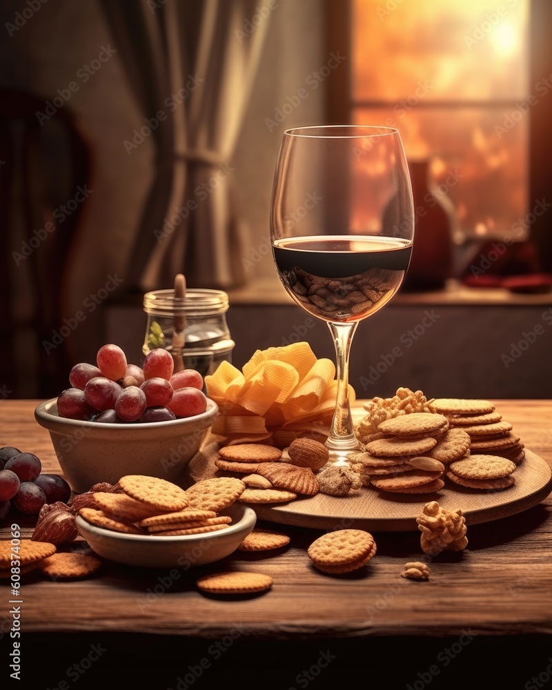 The background has selective focus, wine and snack enhanced. (Generative AI)