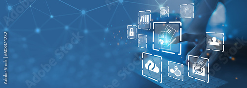 Businesswoman using a computer to document management concept, online documentation database and digital file storage system/software, records keeping, database technology, file access,	
