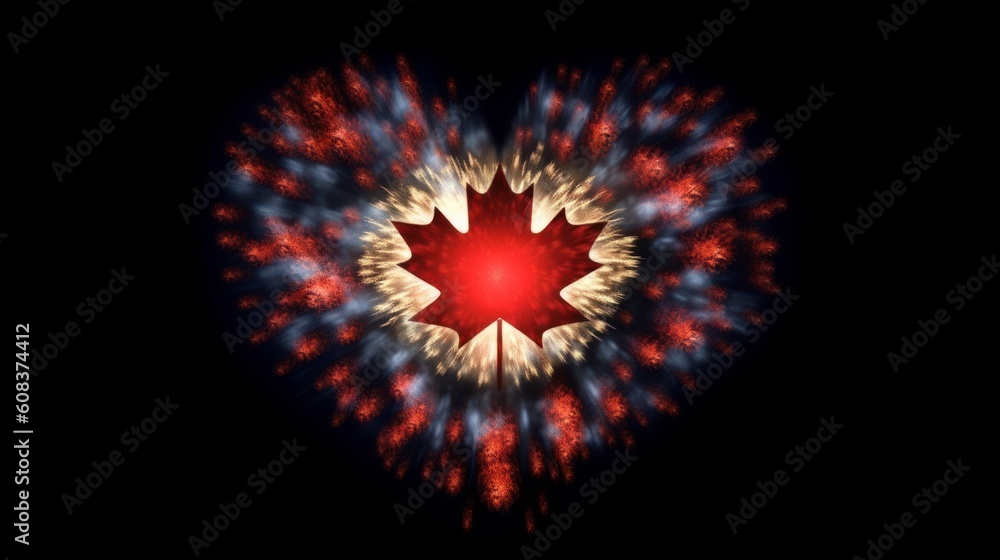 Fireworks in a heart shape with the Canada flag. Generative AI