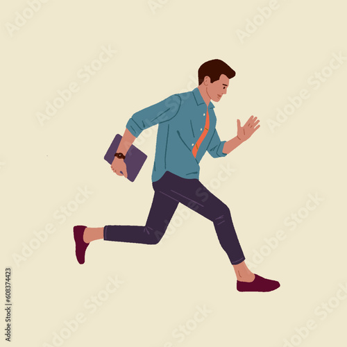 Editable vector illustration of excited employee jumping high with holding a laptop 