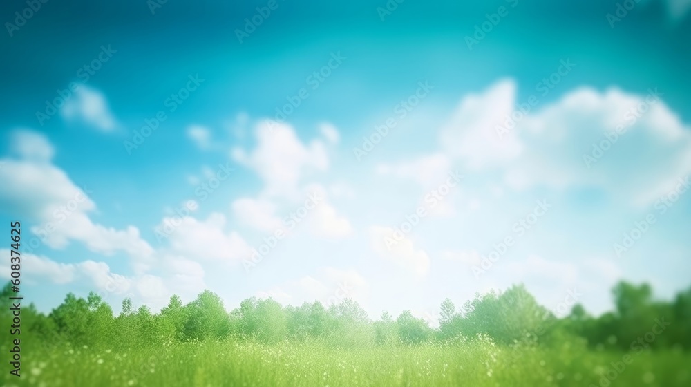 Abstract blur beautiful green nature and blue sky white clouds wallpaper background, Generative AI Abstract blur beautiful green nature and blue sky white clouds wallpaper background, Generative AI
