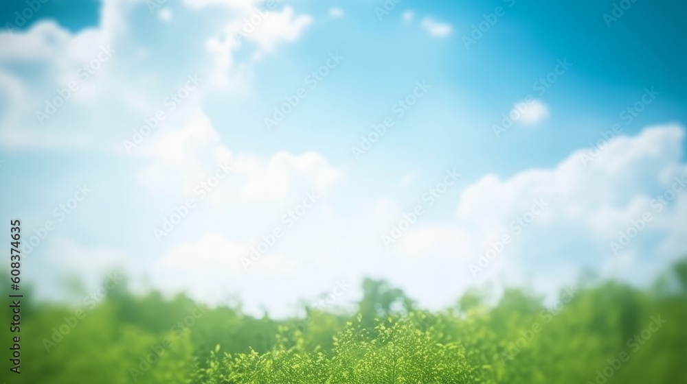 Obraz premium Abstract blur beautiful green nature and blue sky white clouds wallpaper background, Generative AI