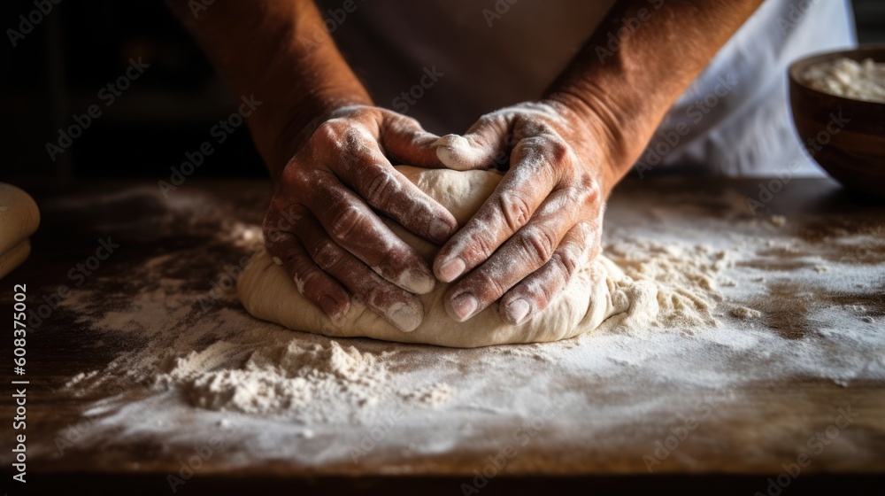 A person's hands kneading dough on a flour-dusted countertop while preparing homemade bread or pastry. AI generated