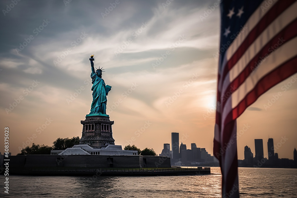 Statue of Liberty on the river bank of New York cityscape, flag of america. Generative AL Statue of Liberty on the river bank of New York cityscape, flag of america. Generative AL