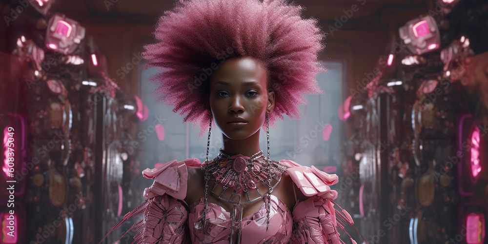 Fototapeta premium Afroamerikanische Frau Gesicht mit pinken Afrolook im Retro Style Nahaufnahme, ai generativ