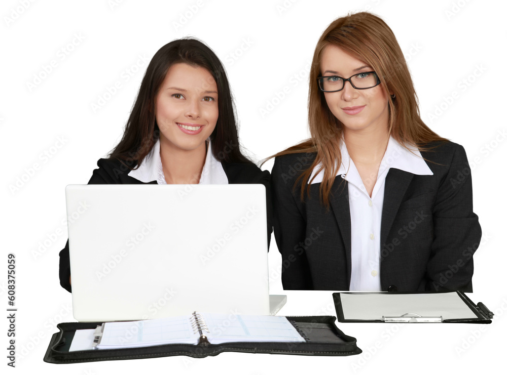 Two Friendly Businesswomen with White Placeholder - Isolated Two Friendly Businesswomen with White Placeholder - Isolated