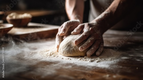 A person's hands kneading dough on a flour-dusted countertop while preparing homemade bread or pastry. AI generated