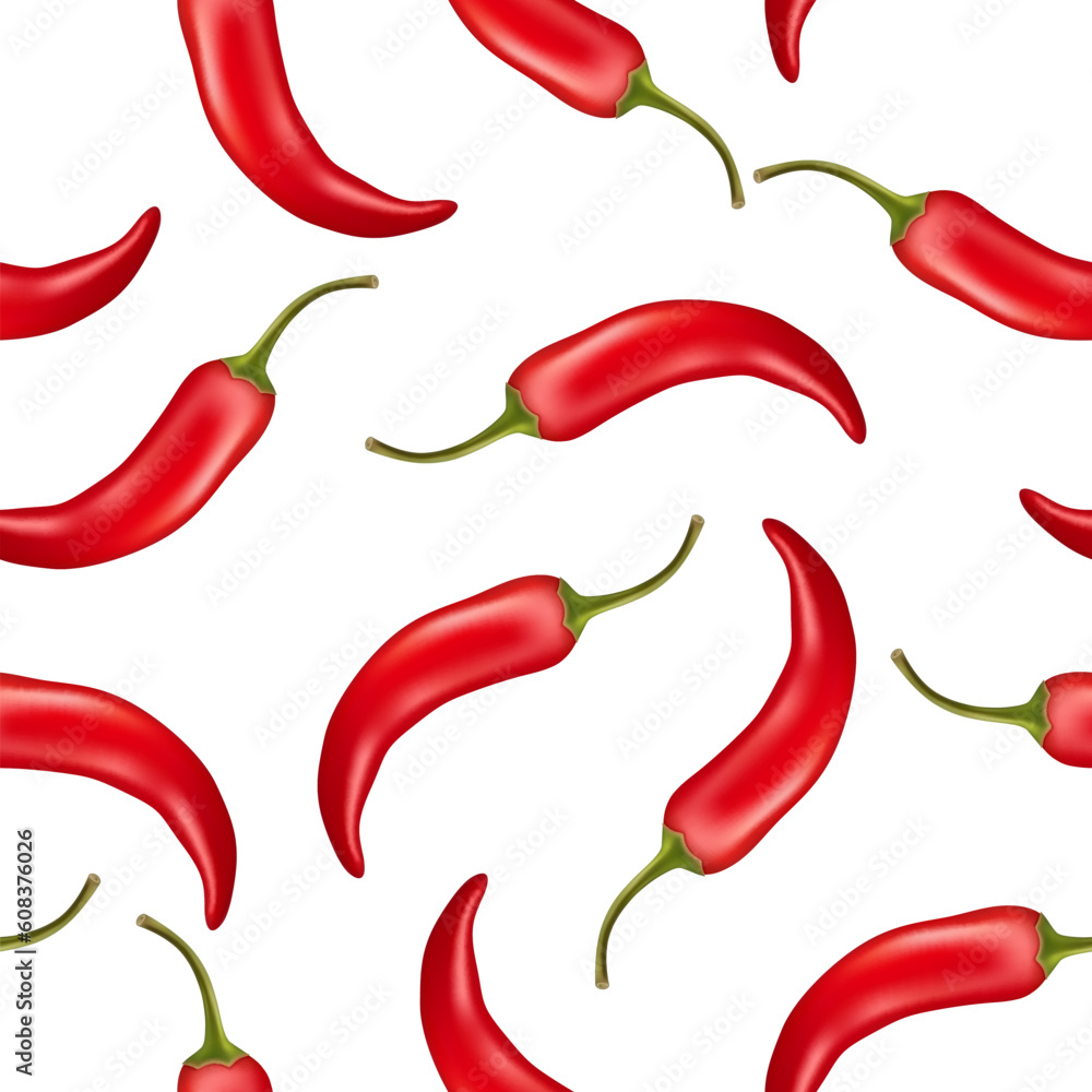 Vector Seamless Pattern with 3d Realistic Red Hot Chilli Pepper on White Background. Fresh Chilli Hot Pepper Design Template for Culinary Concept. Vector Illustration Vector Seamless Pattern with 3d Realistic Red Hot Chilli Pepper on White Background. Fresh Chilli Hot Pepper Design Template for Culinary Concept. Vector Illustration