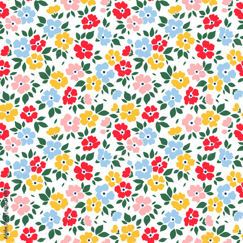 Vector seamless pattern. Cute pattern in small flowers. Small multicolor flowers. White background. Ditsy floral background. Vintage stylish template for fashion prints. Stock vector.