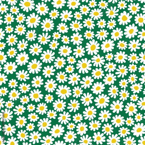 Cute floral pattern in the small daisy flowers. Seamless vector texture. Bright template for fashion prints. Printing with small white flowers. Green background. Stock print.