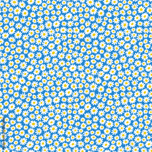 Cute floral pattern in the small flowers. Seamless vector texture. Elegant template for fashion prints. Printing with small white daisy flowers. Blue background. Stock print.