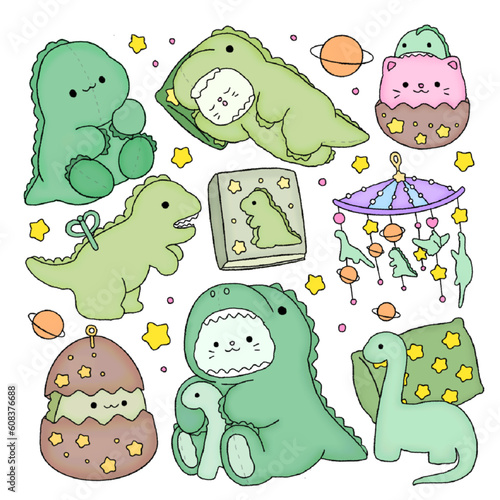 Little green dinosaur and kitten wearing dinosaur cosplay costume.