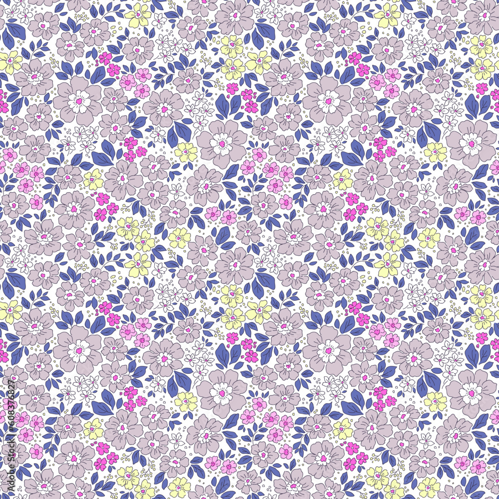Vintage seamless floral pattern. Liberty style background of small lilac flowers. Small blooming flowers scattered over a white background. Stock vector for printing on surfaces and web design.