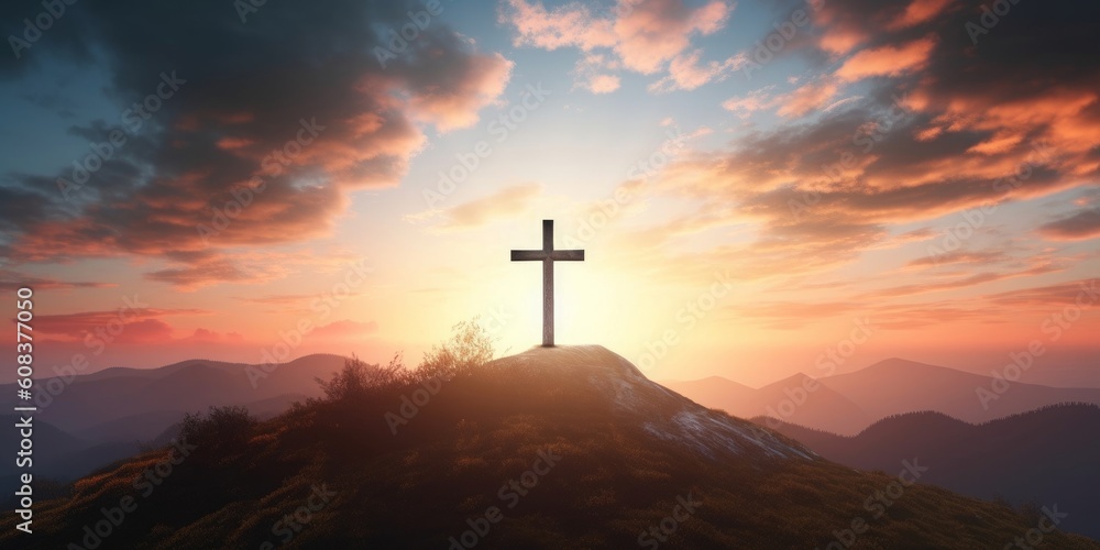 Christian wooden cross on the mountain  sunset background, Generative AI