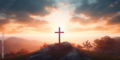 Christian wooden cross on the mountain sunset background, Generative AI