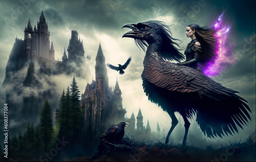 A Sorceress perched on a Giant Raven, Gazing upon Distant Gothic Castles.