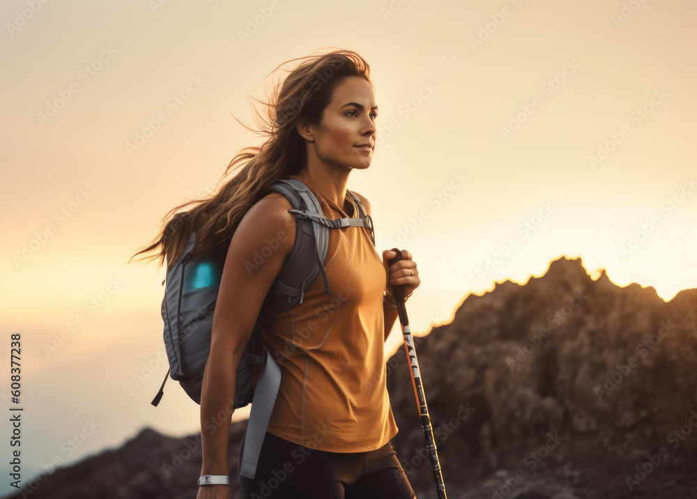 Mountain Wanderlust. Beautiful, happy young woman hiker with a backpack in a stunning mountain landscape. Summer vacation trip to the mountains, girl in nature camping concept ai generative Mountain Wanderlust. Beautiful, happy young woman hiker with a backpack in a stunning mountain landscape. Summer vacation trip to the mountains, girl in nature camping concept ai generative