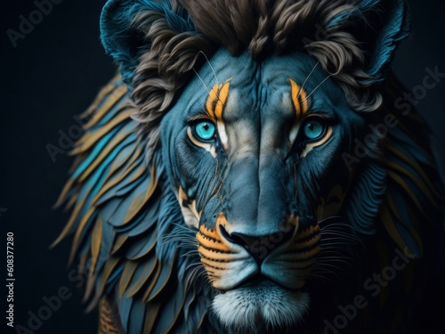 Lion head fantasy portrait in blue and orange colors. Generative AI © Mystery