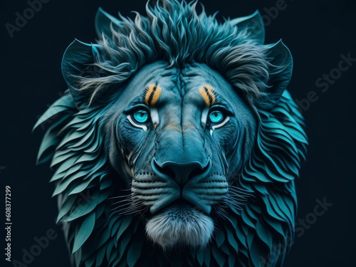 Lion head fantasy portrait in blue and orange colors. Generative AI