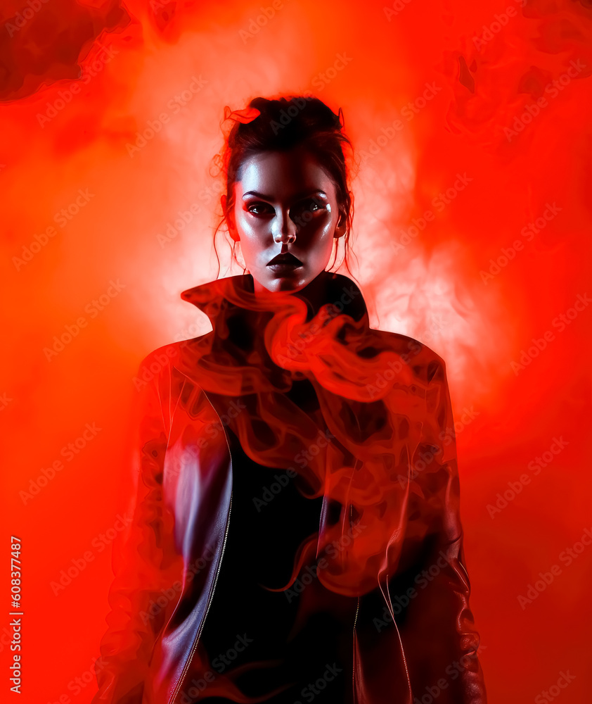 Pretty Female model in a red background with smoke, in the style of neo-punk rebellion

