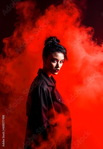 Pretty Female model in a red background with smoke, in the style of neo-punk rebellion