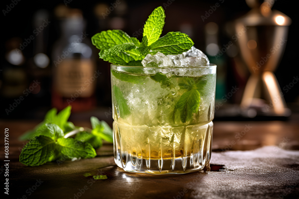 Mint julep cocktail up-close with ice  - obrazy, fototapety, plakaty 