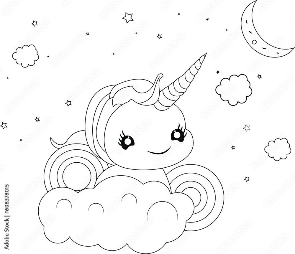 Cute Baby Unicorn On Cloud Coloring Pages Vector Illustration For Kids