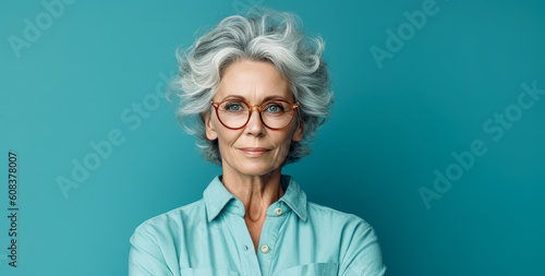 Senior woman standing with folded arms on blue background wearing glasses, turquoise and dark beige. Generative Ai Illustration.