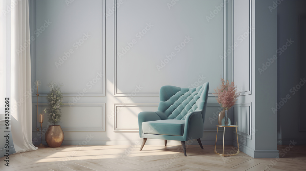 Fototapeta premium Minimalist Interior of modern living room 3D rendering, generative ai