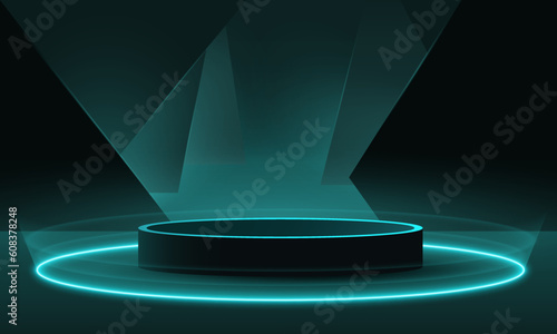 Futuristic neon podium scene template for product presentation with abstract geometric backdrop, realistic modern pedestal mockup vector cyberpunk style. Modern neon stage frame or podium for product