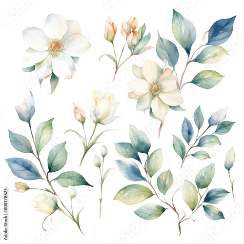 Set of white bloom floral watecolor. flowers and leaves. Floral poster, invitation floral. Vector arrangements for greeting card or invitation design