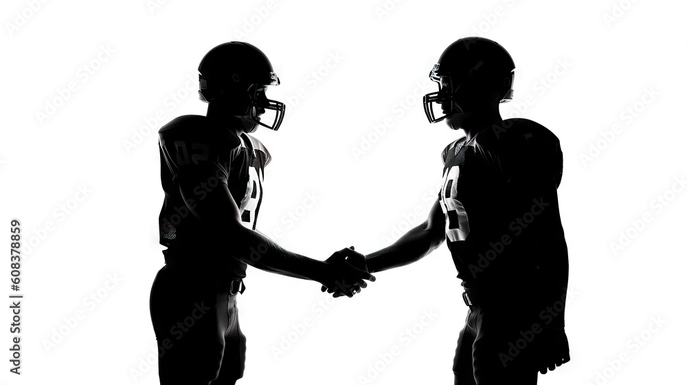 two american football players shaking hands in silhouette studio isolated on white background. Generative AI.