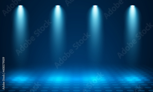 Light points aimed at center frame, dark background with light dots, 4 soffits, stage spotlights vector. spotlight shines on the stage, scene, podium. Bright lighting with spotlights. Spot lighting of