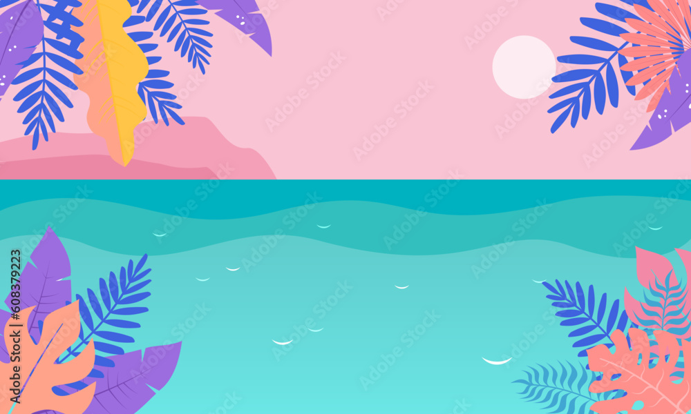 Summer time fun concept design. Creative background of landscape, panorama of sea and beach. Summer sale, post template. Summer time vector banner design withcolorful beach