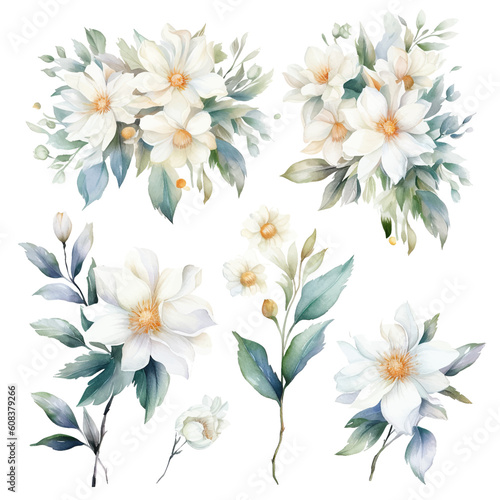 Set of white bloom floral watecolor. flowers and leaves. Floral poster, invitation floral. Vector arrangements for greeting card or invitation design © IMRON HAMSYAH